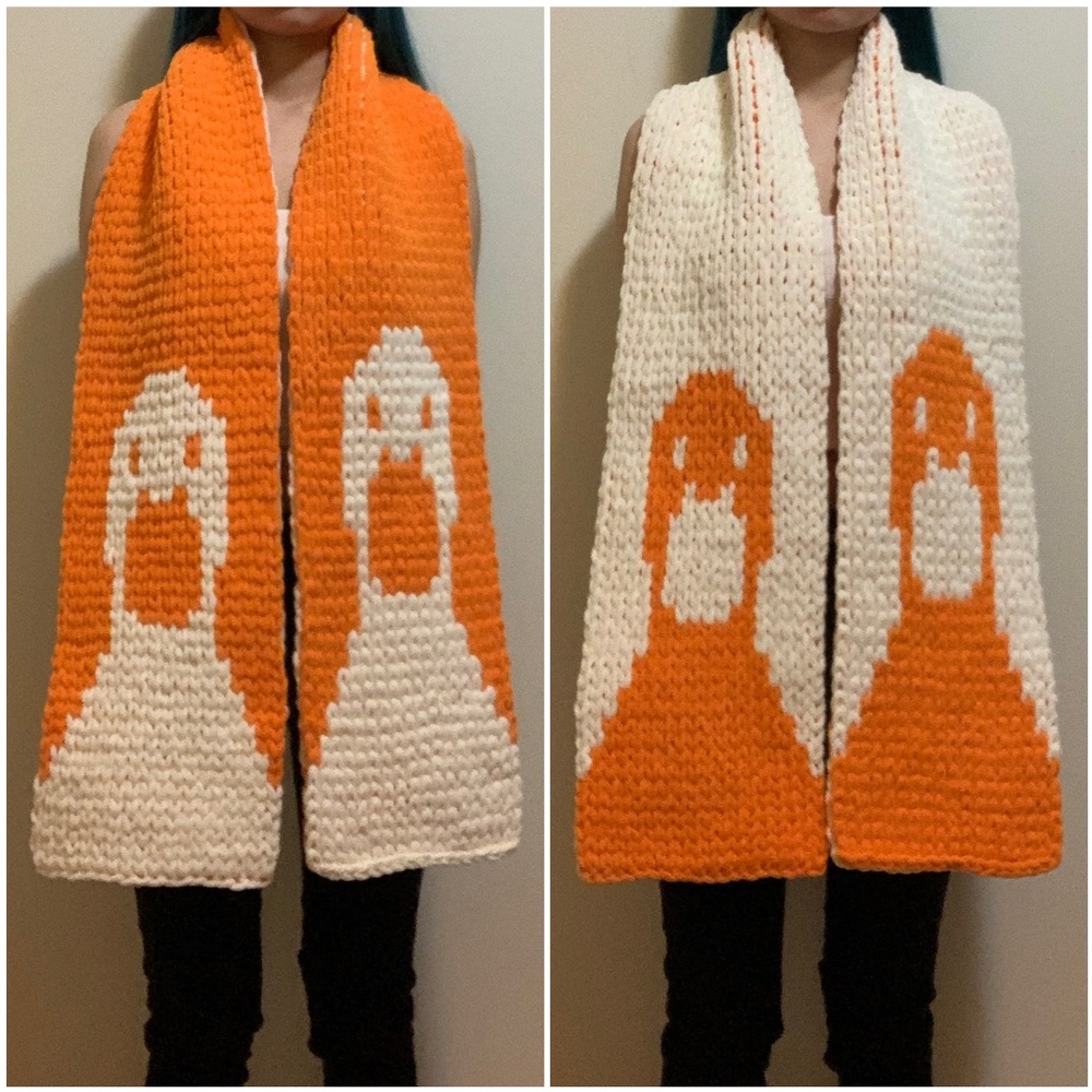Handknit Orange White Duck Goose Bird Chunky Chenille Knit Scarf Handmade Gift
